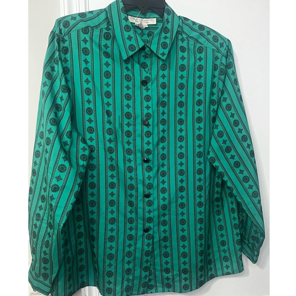 Vintage Laura & Jayne Green Black Western Long Sleeve Button Up Blouse 16W 2X